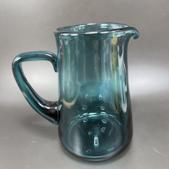 Mid Century Teal Green Art Glass Pitcher Jug Carafe Hand Blown Glassware Vintage - Picture 1 of 11
